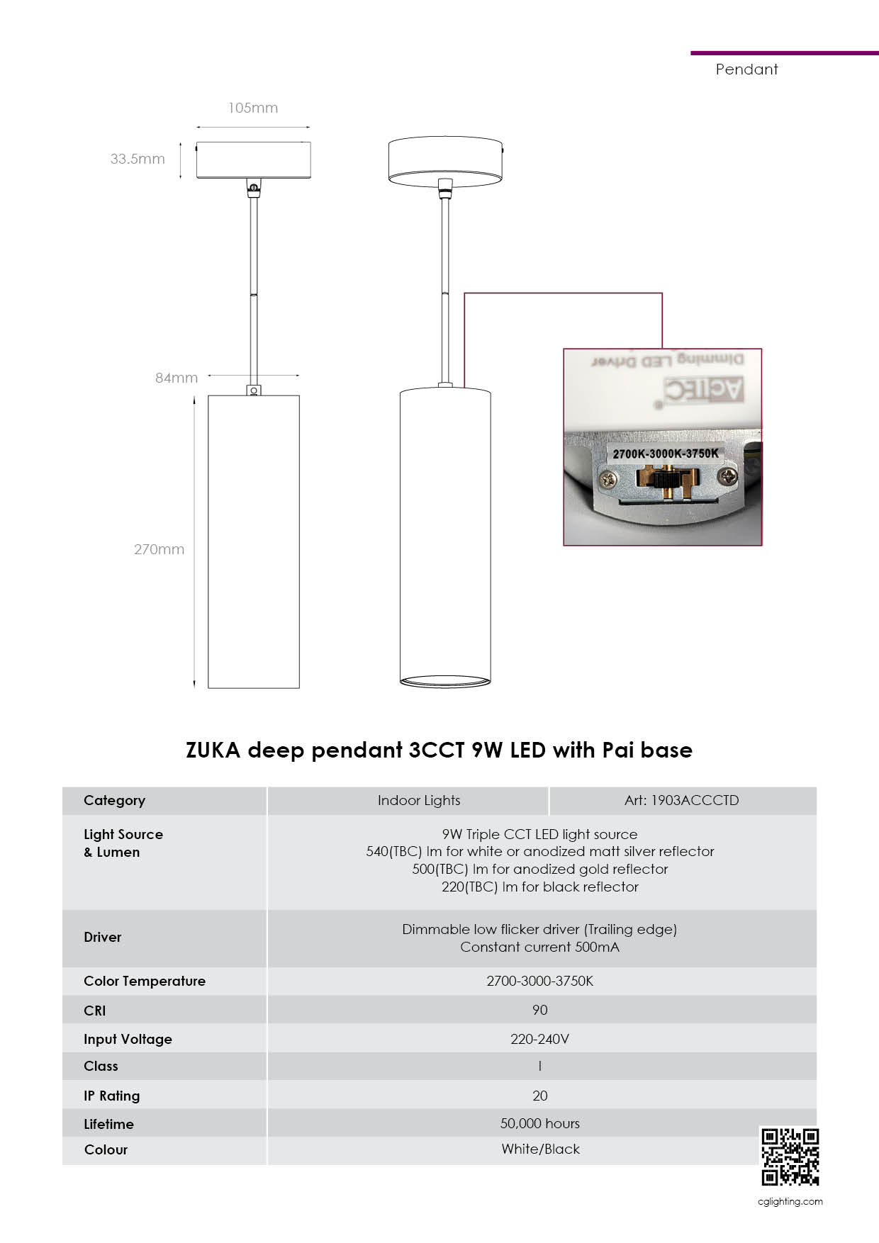 ZUKA deep pendant 3CCT 9W LED with Pai base2
